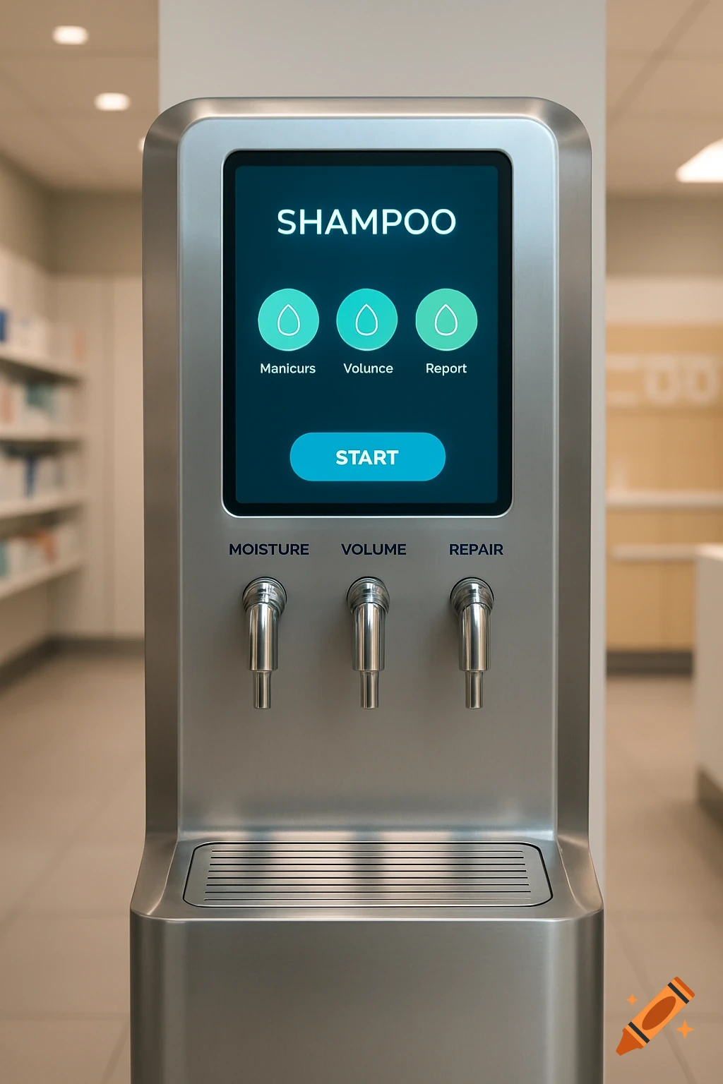 A modern, metallic shampoo refill dispenser with a touchscreen interface, showing options for 'Manicurs', 'Volunce', 'Report', and 'START', with taps for 'MOISTURE', 'VOLUME', 'REPAIR' below. The dispenser is in a store aisle.
