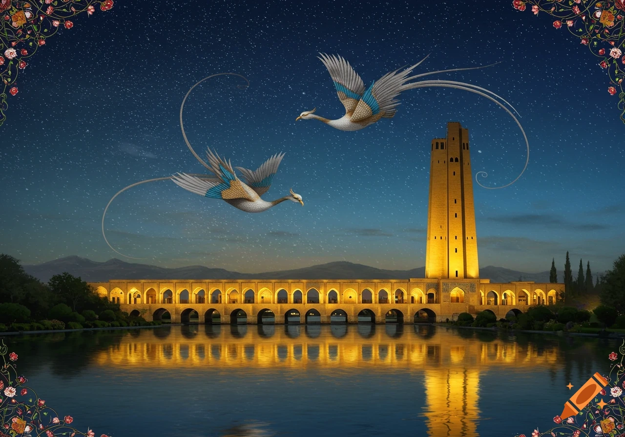 Persian miniature-inspired night scene: an illuminated bridge and tower reflected in water under a starry sky, with two fantastical birds and floral borders.