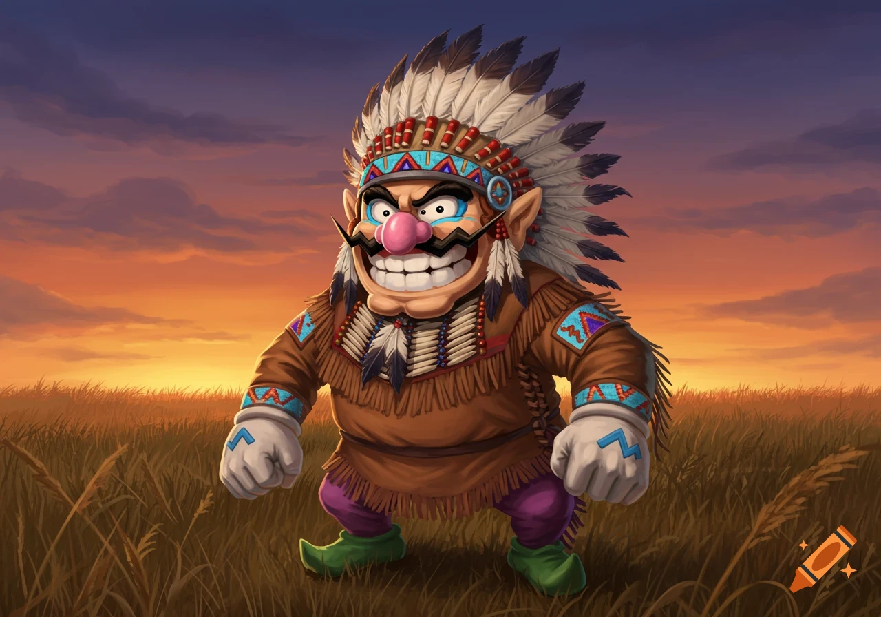Wario dressed in a Native American headdress and traditional clothing, standing in a field at sunset in a vibrant cartoon style.