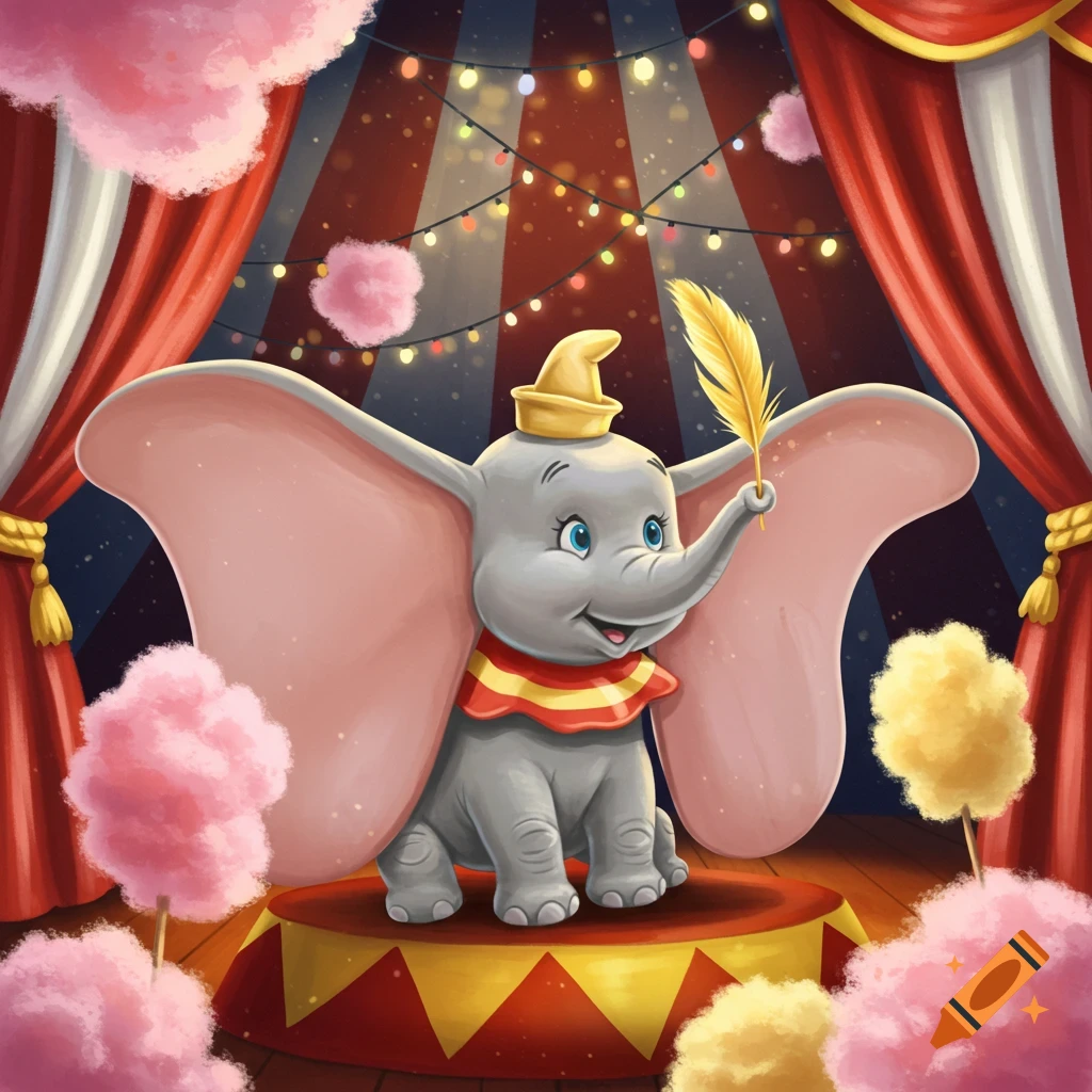 Cartoon Dumbo the elephant on a circus stage, holding a golden feather, surrounded by cotton candy and string lights.
