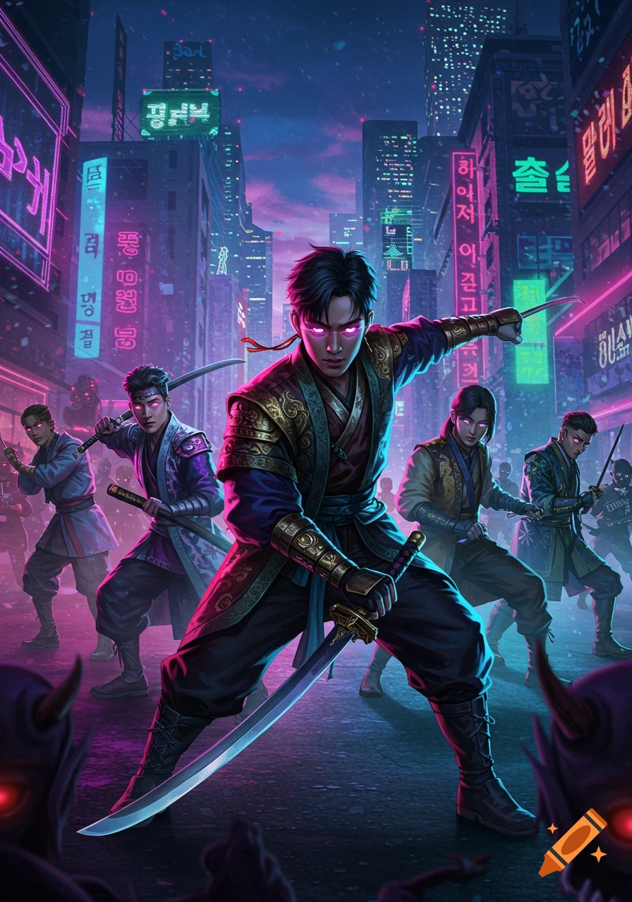 K-pop style demon hunters with glowing eyes wield swords in a neon cyberpunk city at night, facing shadowy demons.