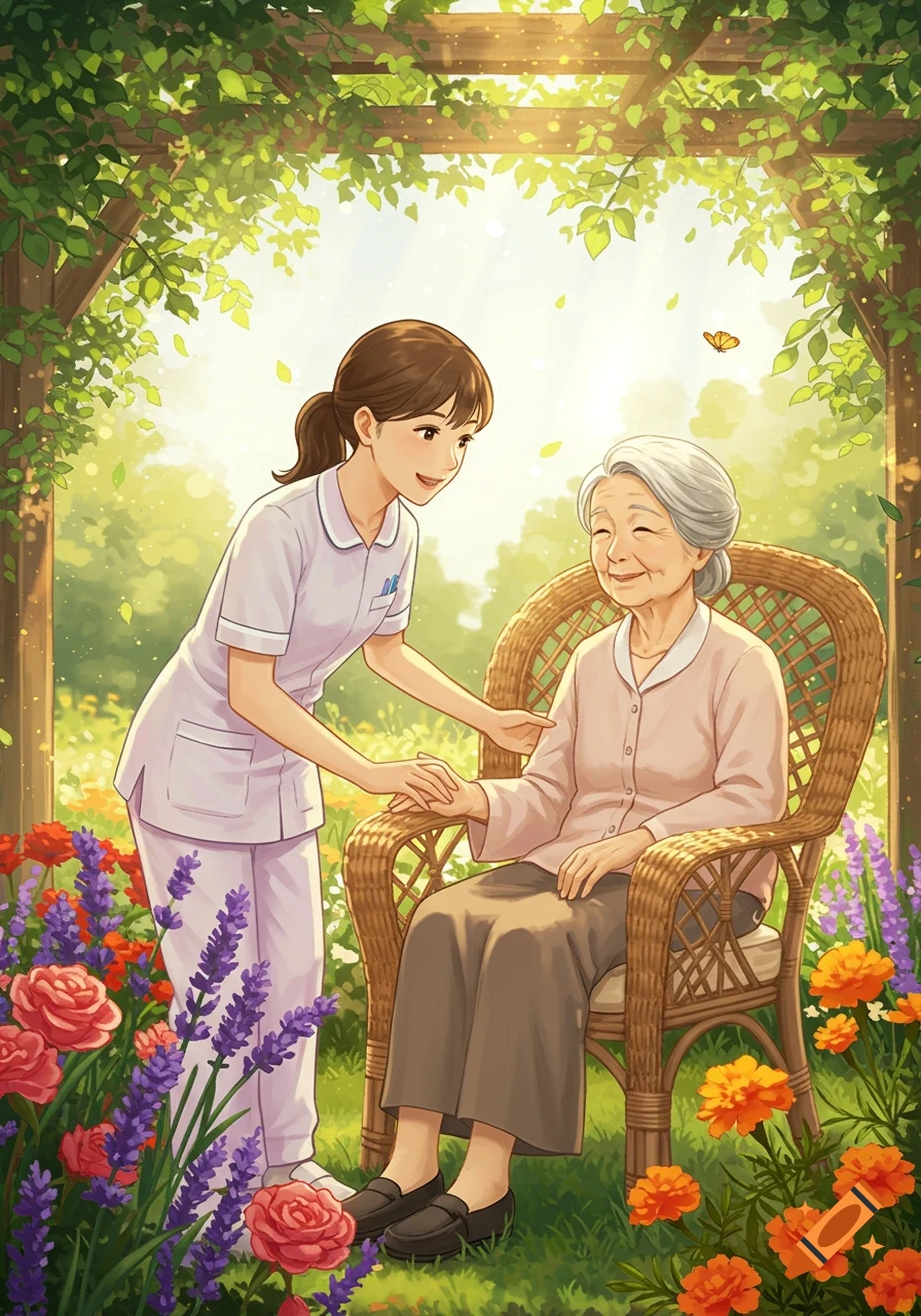 Anime illustration of a female caregiver holding an elderly woman's hand in a sunny garden filled with colorful flowers under a leafy pergola.