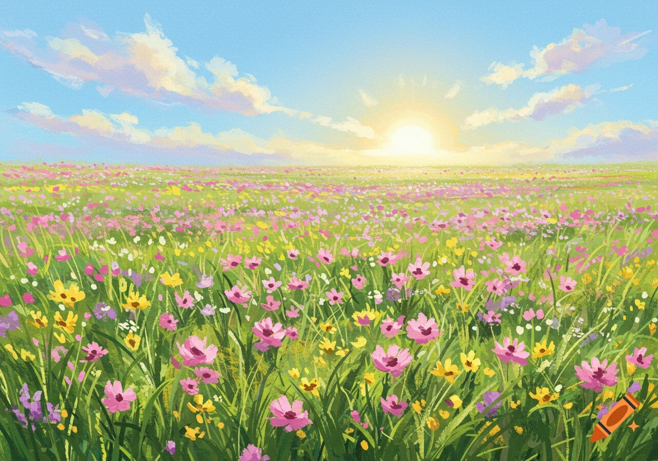 Impressionistic painting of a vibrant field of pink, yellow, and purple meadow flowers under a sunny blue sky with clouds.