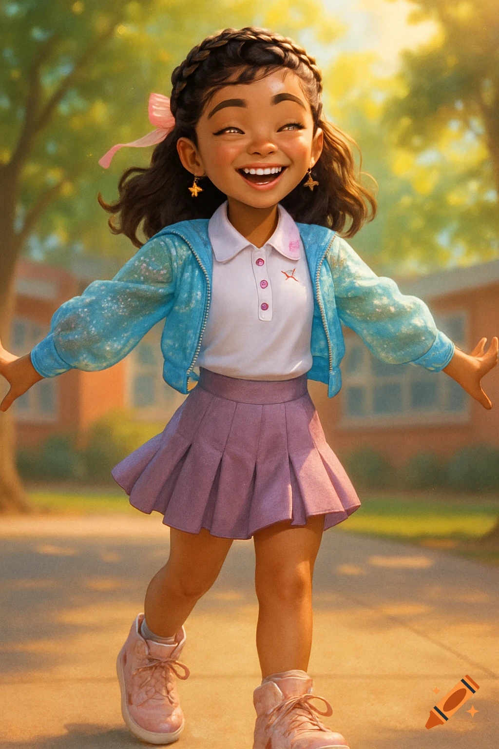 A cheerful cartoon girl with braided hair and a pink bow, wearing a blue jacket, white polo, purple skirt, and pink sneakers, running outdoors.