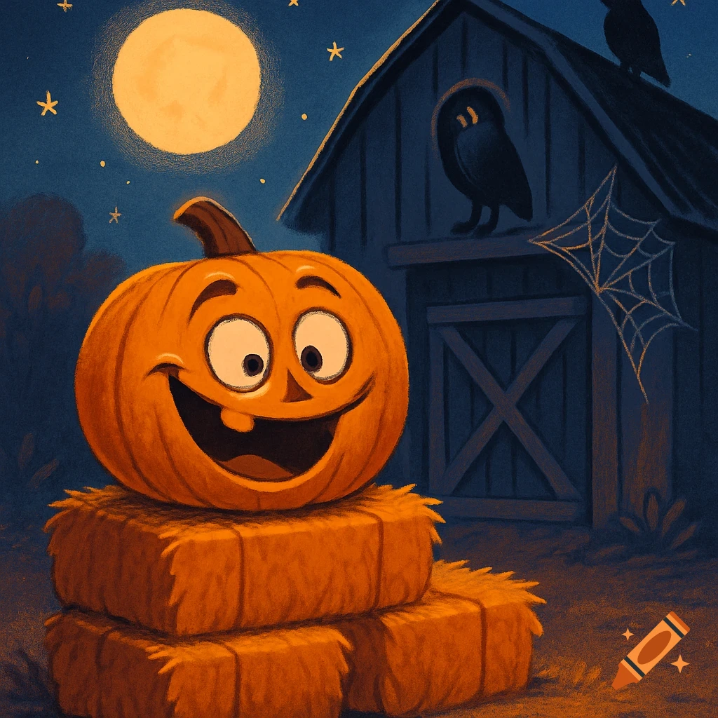 A cheerful jack-o'-lantern sits on hay bales in front of a barn under a full moon, with an owl on the barn roof, in a cartoon illustration style.