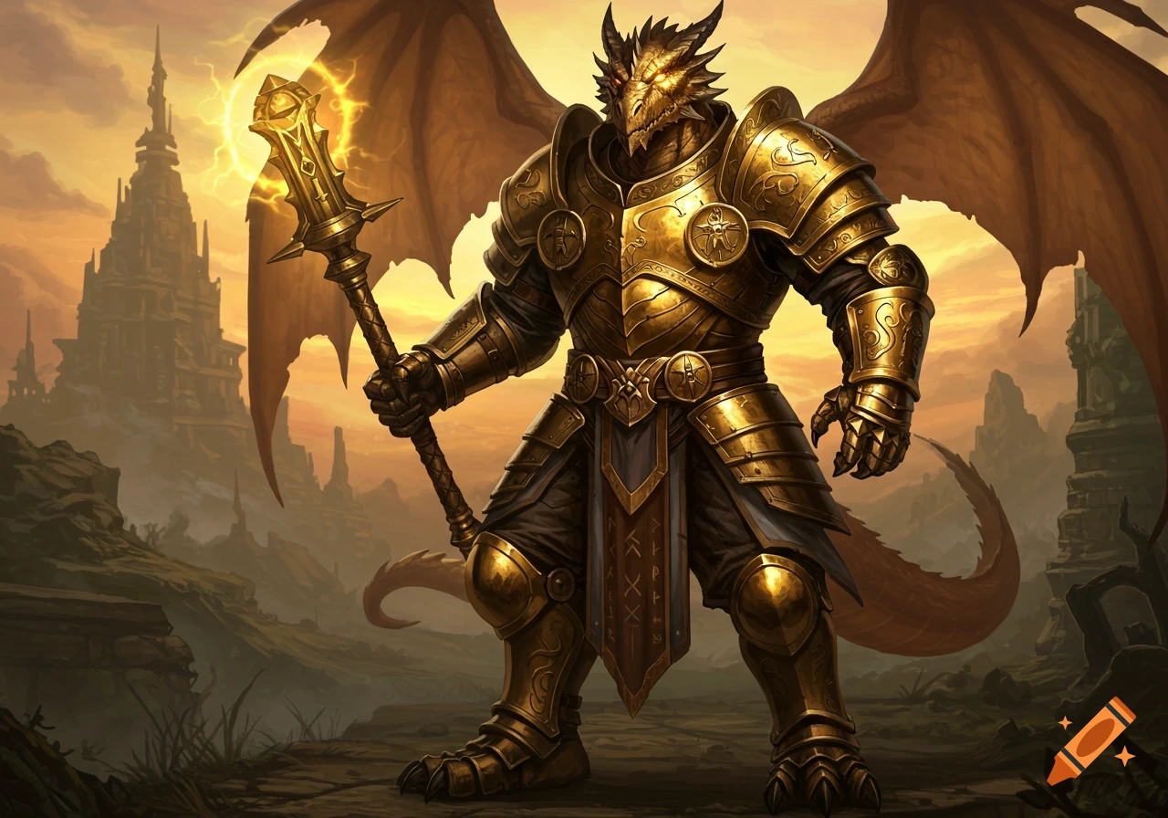 A powerful brass dragon cleric in ornate golden armor holds a glowing mace, standing before a towering castle at sunset.