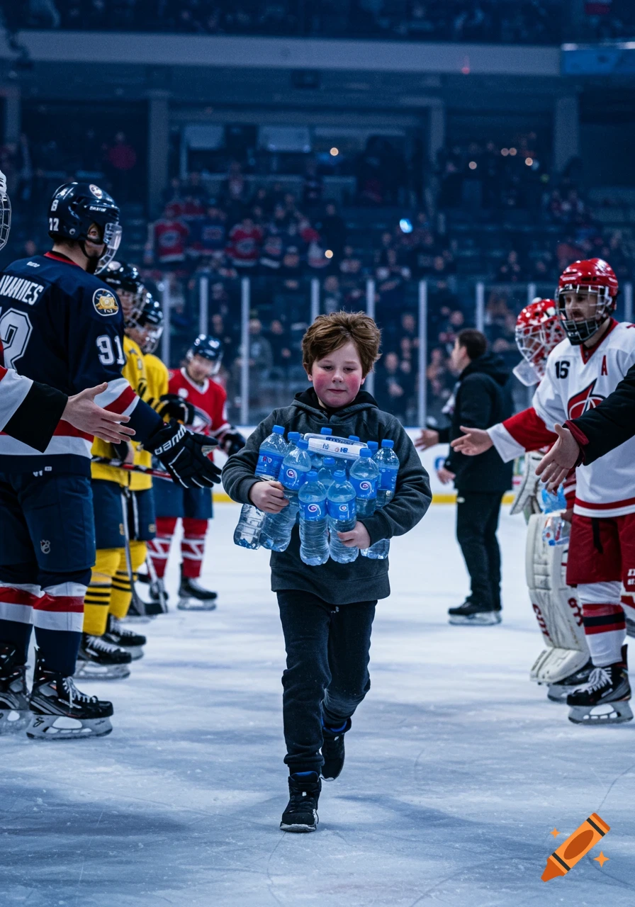 A young boy carries a tray of water bottles to hockey players lining up on an ice rink, photorealistic.