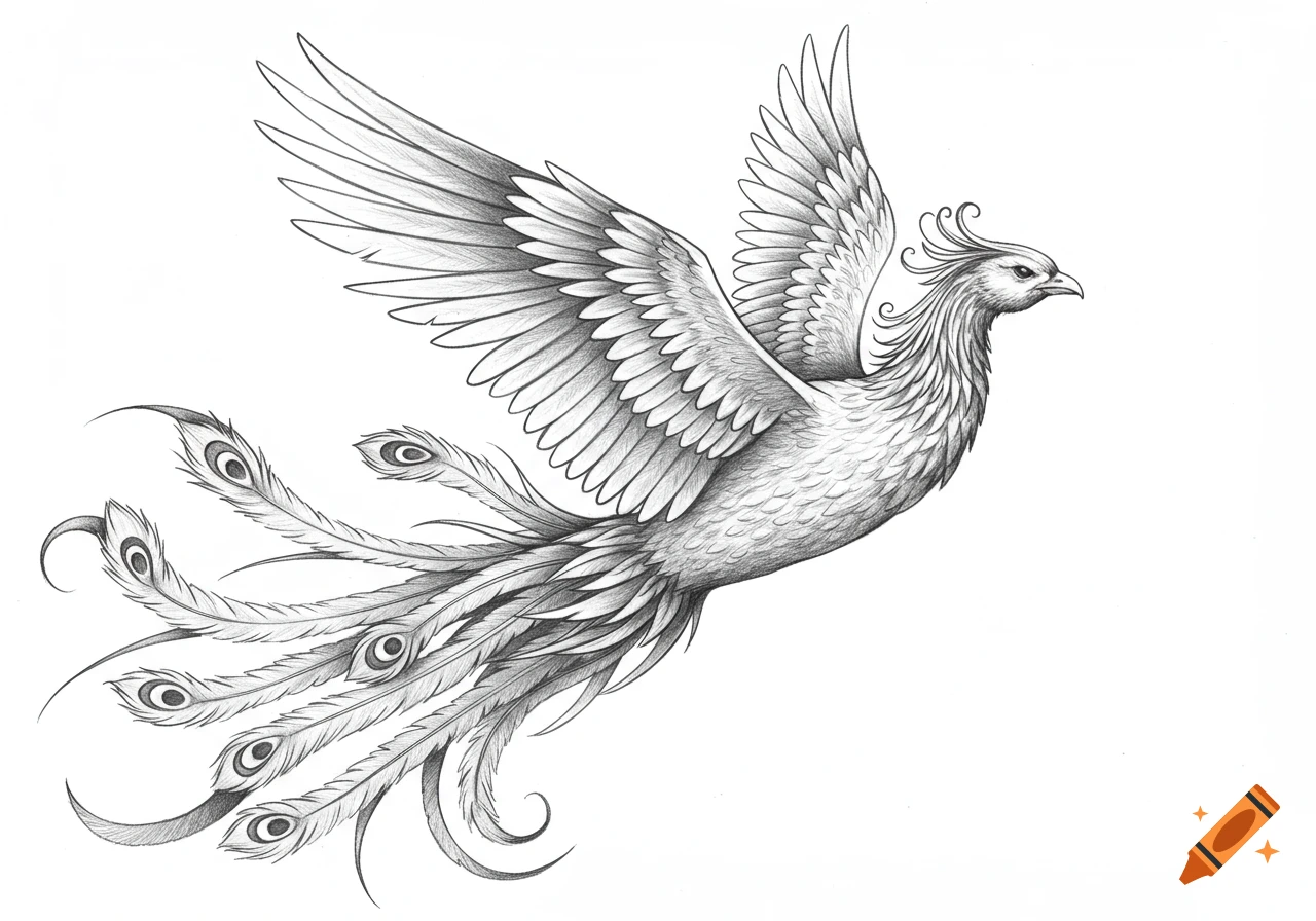 Detailed pencil drawing of a phoenix in flight, rendered in grayscale on a white background.