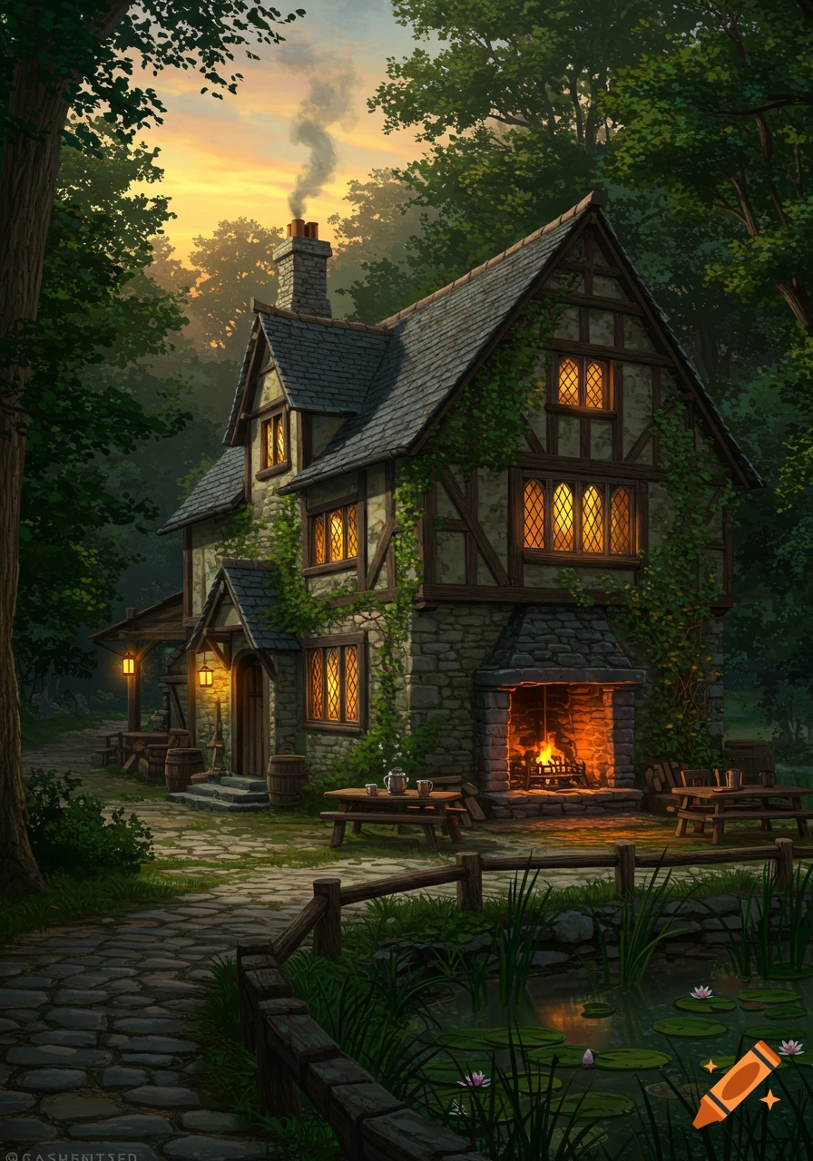 A quaint stone and timber medieval tavern with glowing windows and a smoking chimney in a magical forest at sunset.