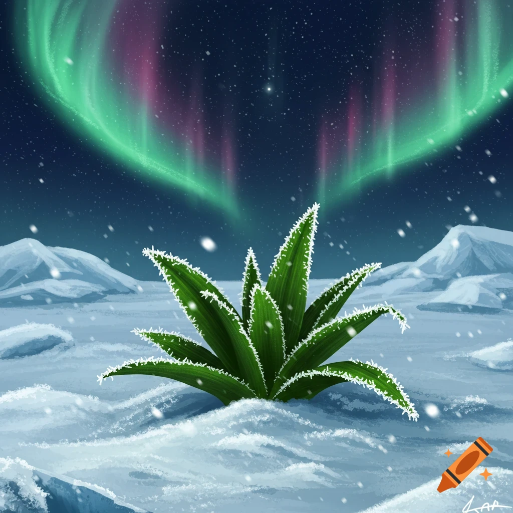A frosted green plant in a snowy arctic landscape under a night sky with green and pink aurora borealis, illustration.