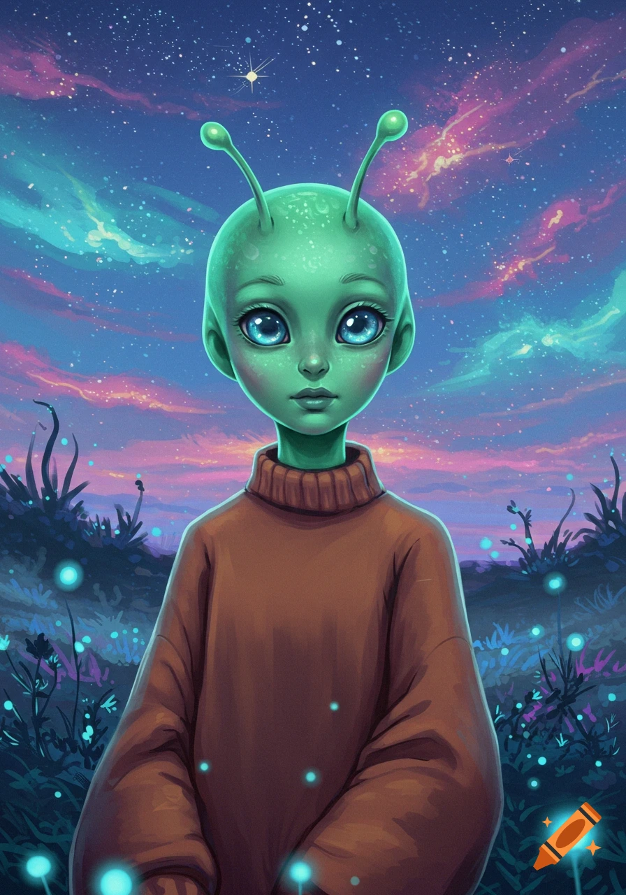 A cute green-headed alien in a brown sweater stands in a glowing fantastical landscape under a starry, cosmic sky, digital art.