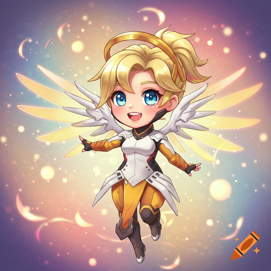 Cute chibi Mercy from Overwatch 2 with large wings and halo, smiling in a magical, sparkly background.
