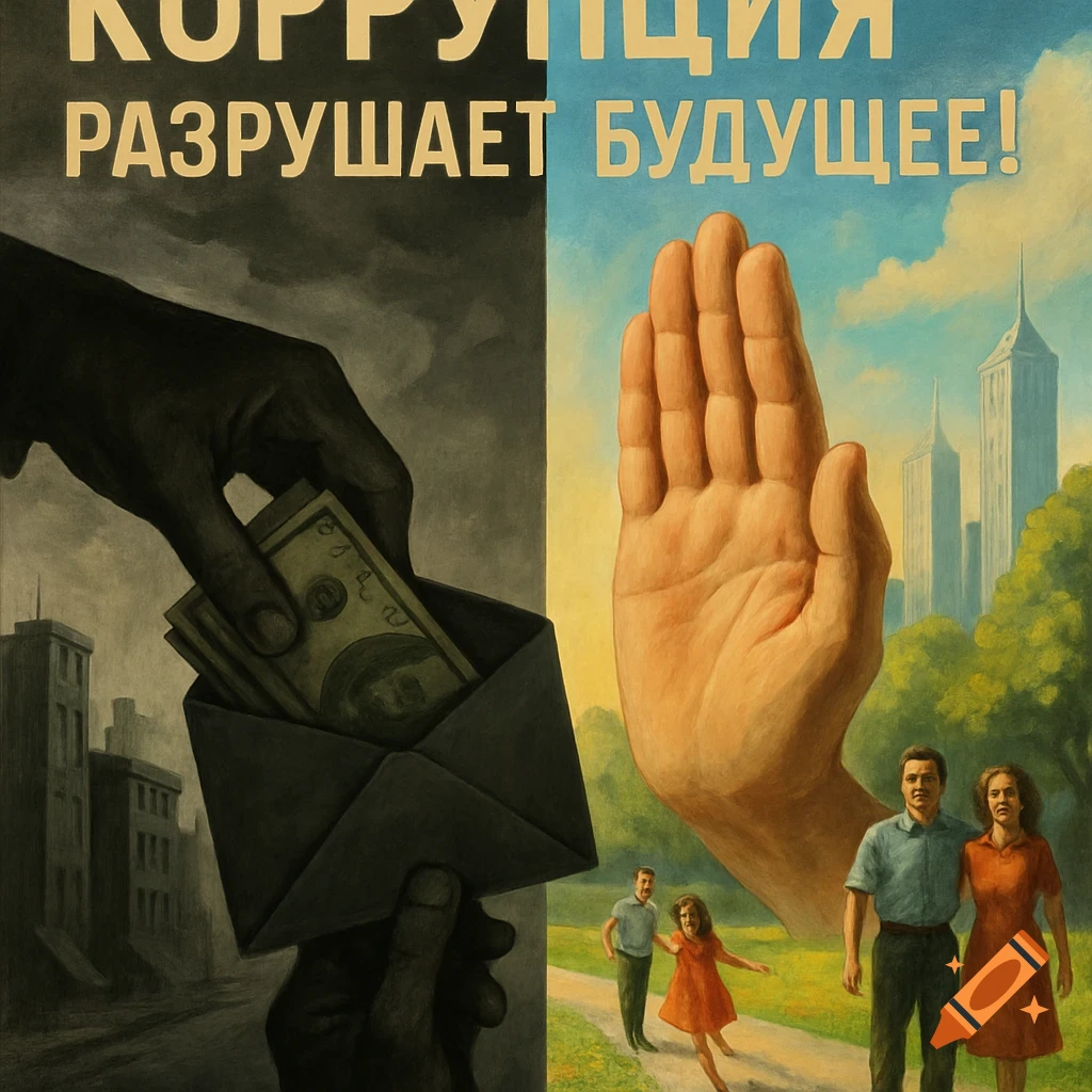 Illustrated anti-corruption poster: dark hand with bribe in grim city vs. bright city with open palm and family. Text: Corruption destroys the future!