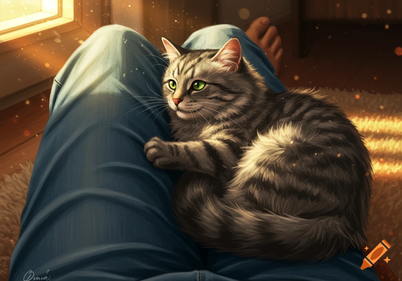 A fluffy tabby cat with green eyes rests comfortably on a person's denim-clad lap, bathed in warm sunlight from a window. Digital art.