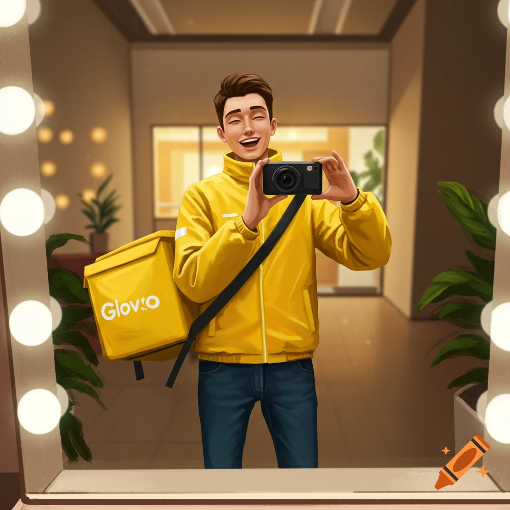 A happy cartoon Glovo delivery person in a yellow jacket takes a mirror selfie with a camera, carrying a Glovo bag.