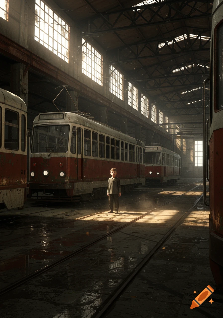 A young boy stands in a sunlit, atmospheric old tram depot with several weathered red and white trams.