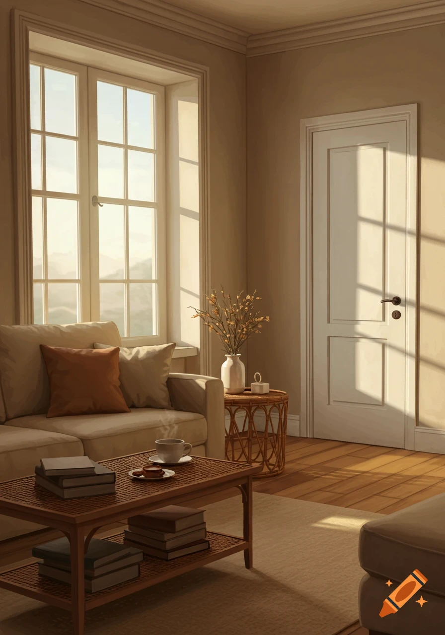 Illustrated cozy living room with sunlight streaming through a large window onto a beige couch and wooden coffee table.