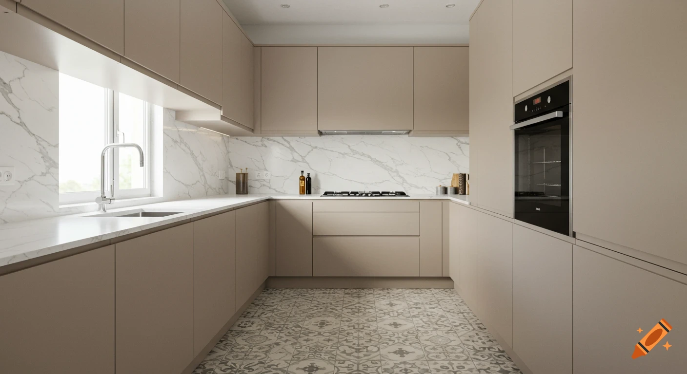 Modern U-shaped kitchen with beige handleless cabinets, white marble backsplash, patterned floor tiles, a sink under a window, and a built-in oven.