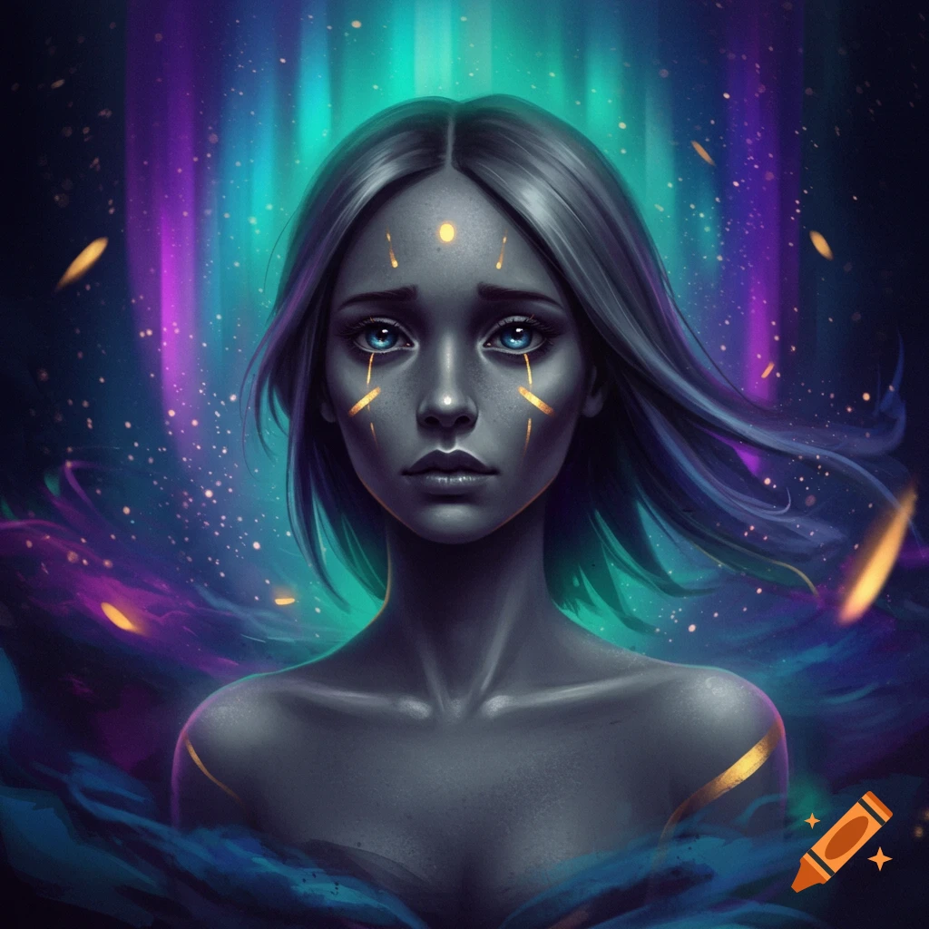 Stylized portrait of a woman with blue eyes and golden face markings, against a vibrant purple and teal aurora background.