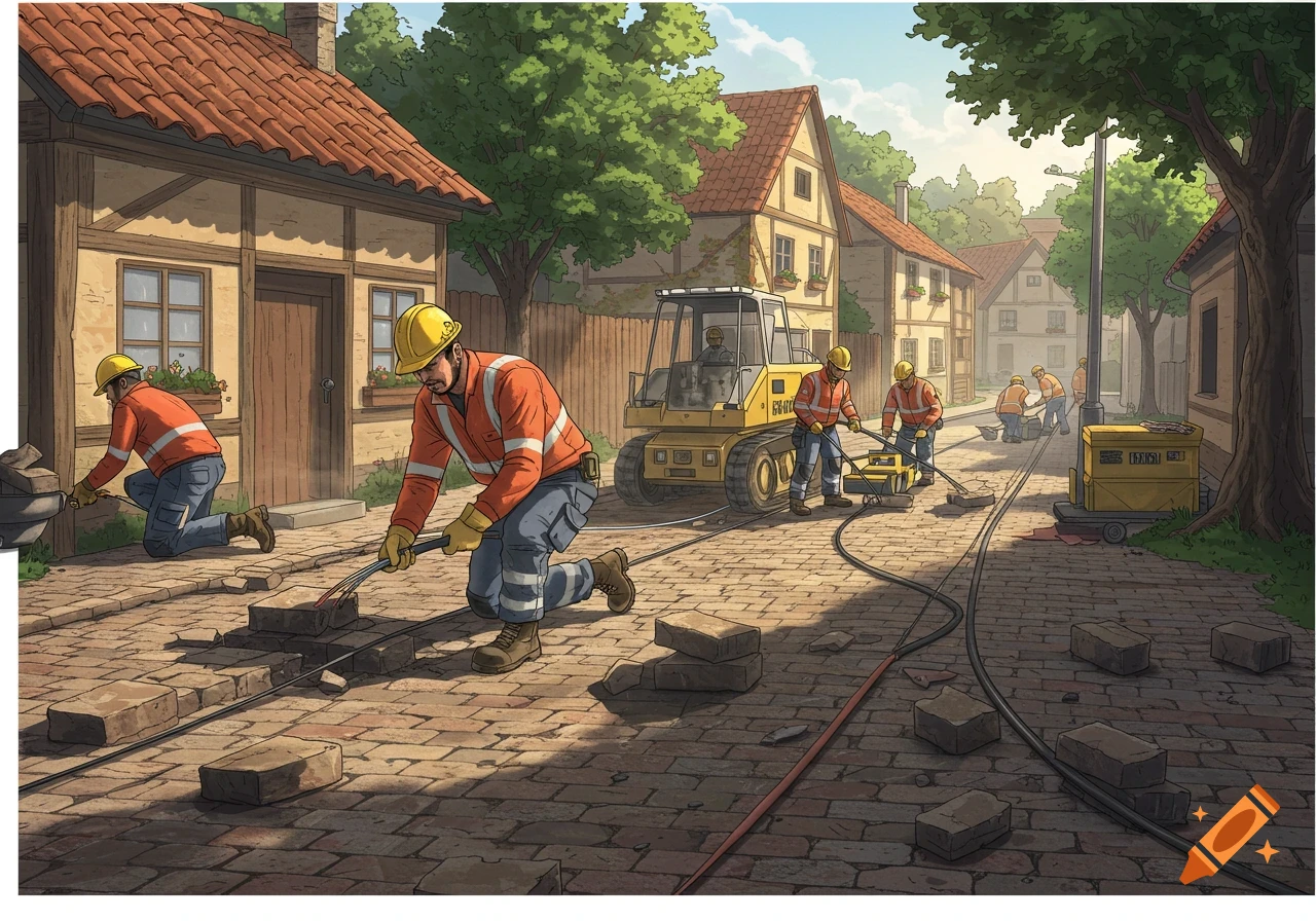Construction workers in hard hats and vests lay fiber optic cables on a cobblestone street in a European-style town.