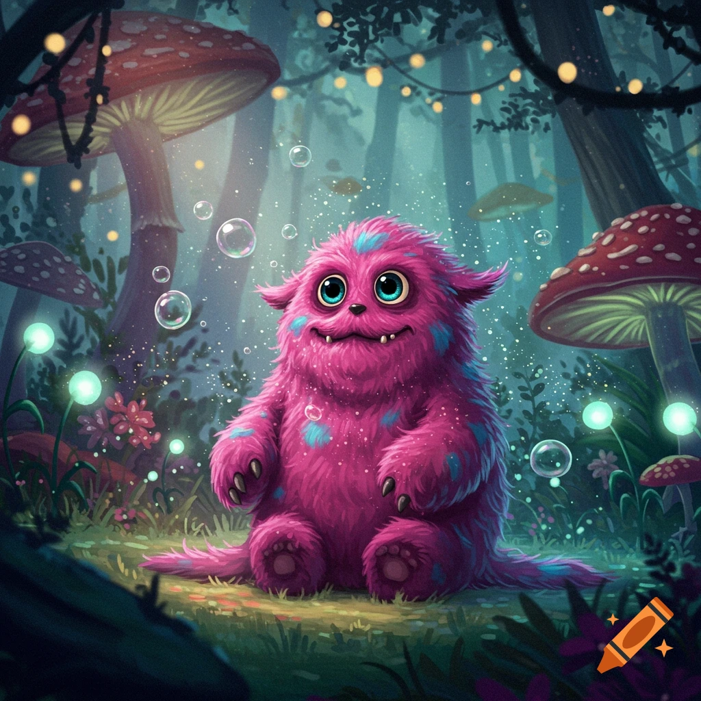 A fluffy pink monster with blue spots and big blue eyes sits smiling in a whimsical forest filled with glowing mushrooms, bubbles, and lights.