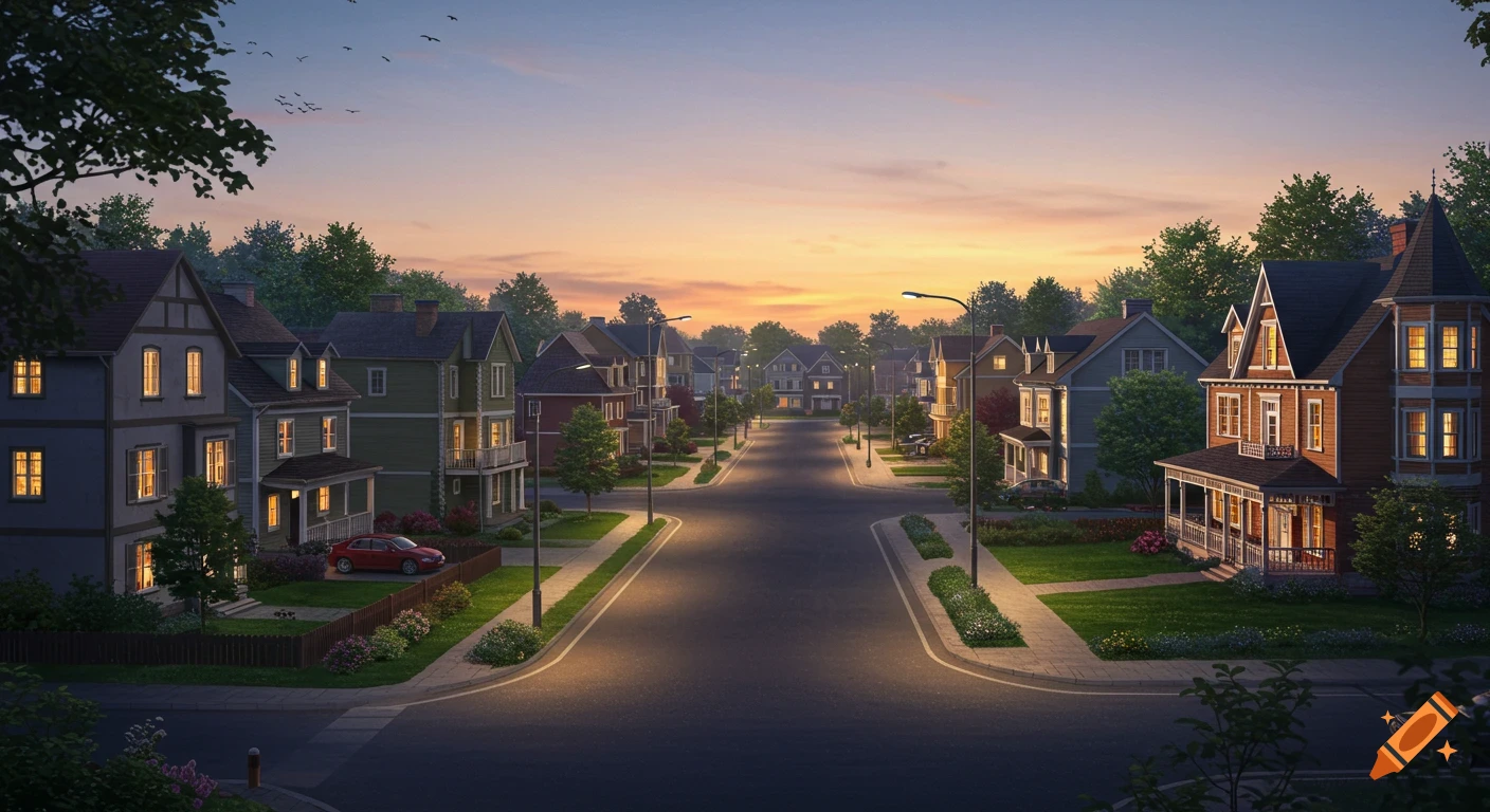 A quiet residential street lined with houses at dusk, with warm lights glowing from windows and streetlights illuminating the road.