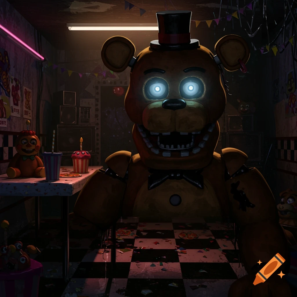 An animatronic bear, Freddy Fazbear, with glowing eyes sits at a checkered table in a dark, messy room.