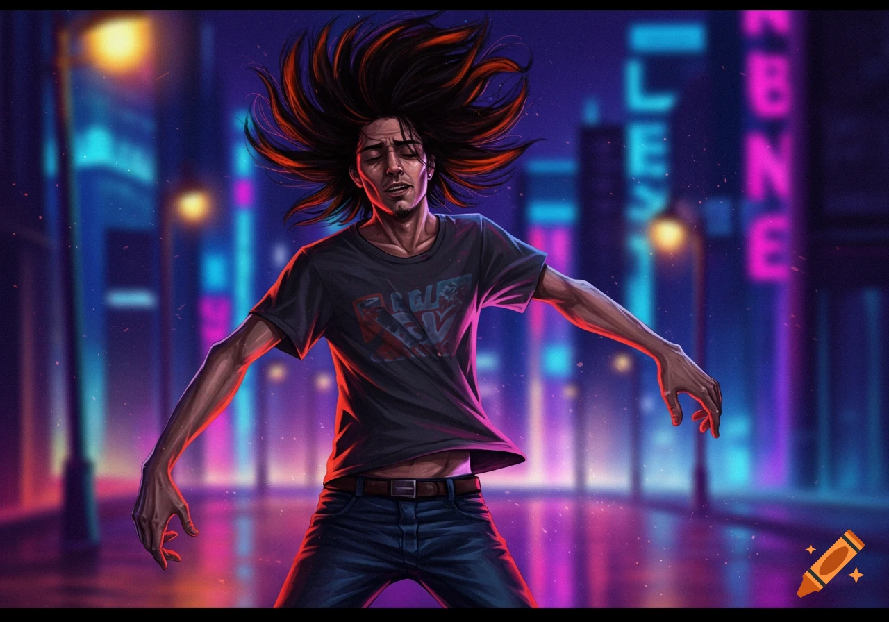An illustrated man with wild, spiky black and orange hair dances in a neon-lit futuristic city street, wearing a dark t-shirt and jeans.