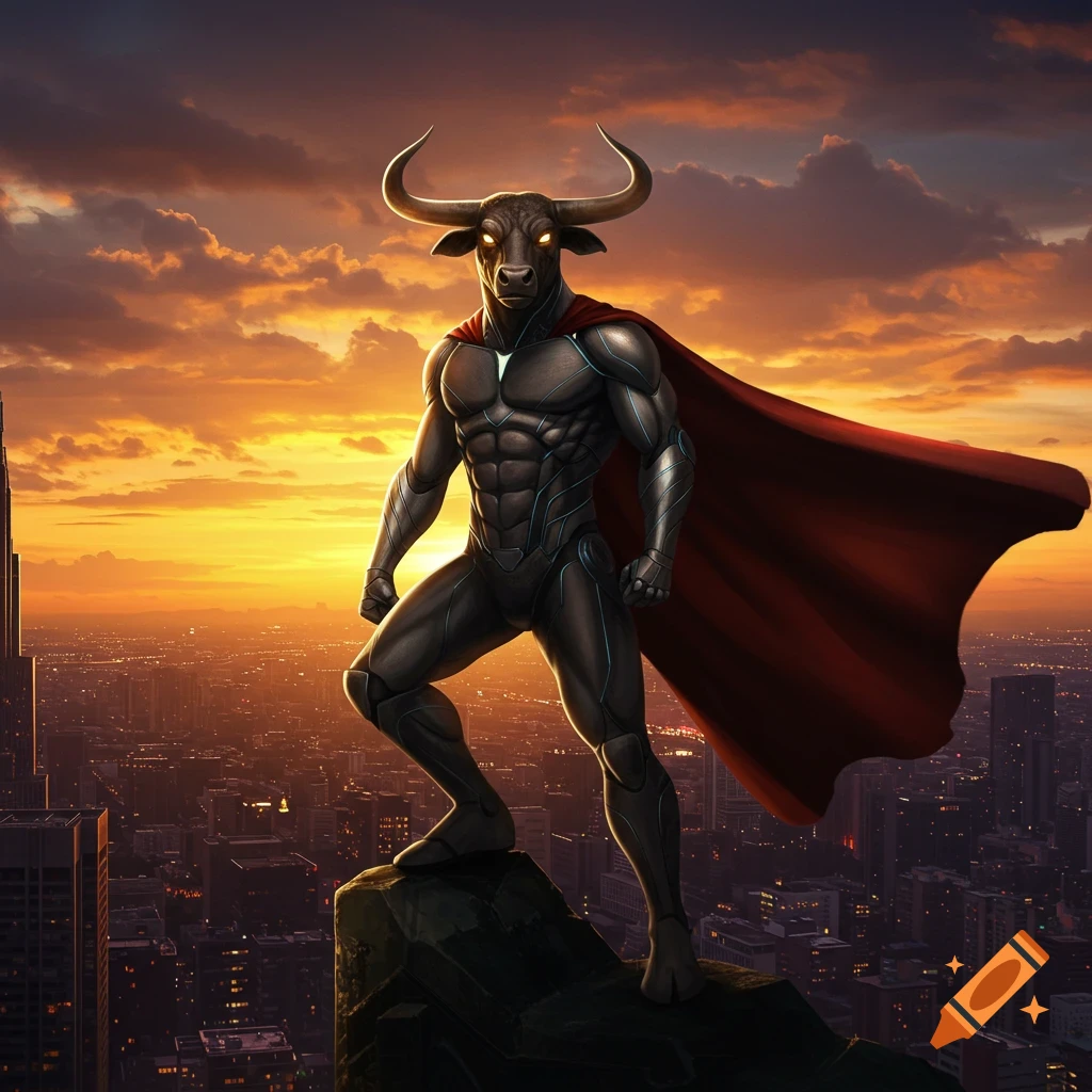 A powerful bull-headed superhero in a dark armored suit and red cape stands atop a skyscraper at sunset, overlooking a sprawling city.