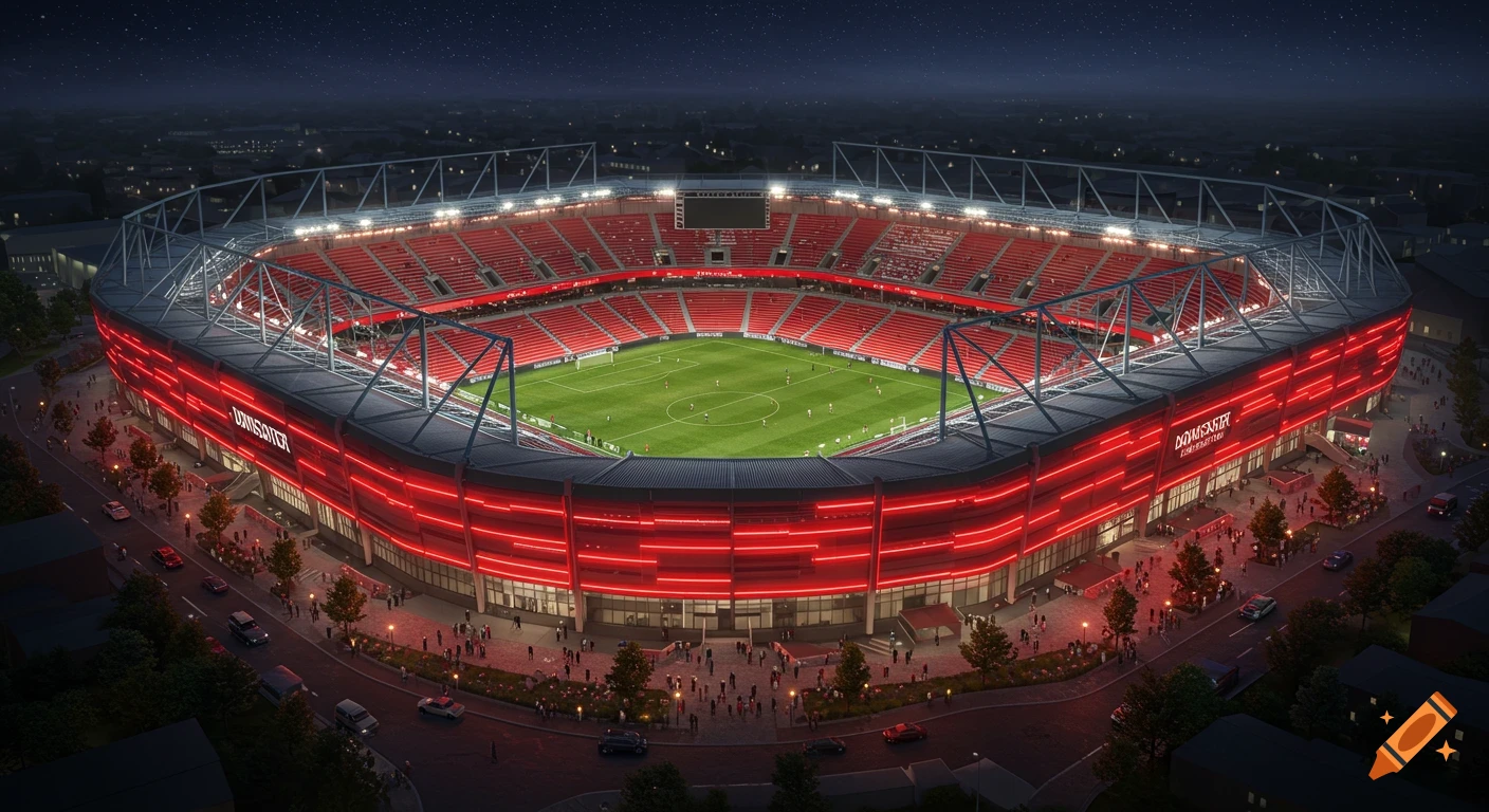 An aerial view of a brand new, brightly lit red and white football stadium at night, surrounded by city streets with cars.