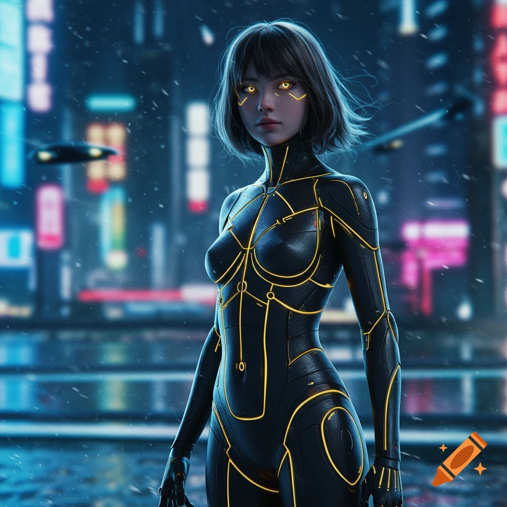 A woman in a black and gold futuristic suit stands in a neon-lit cyberpunk city, with glowing yellow eyes.