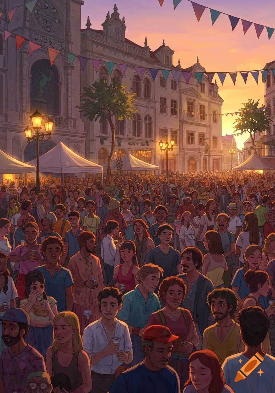 A stylized illustration of a diverse crowd filling a festive city square at sunset, with old buildings and colorful banners overhead.