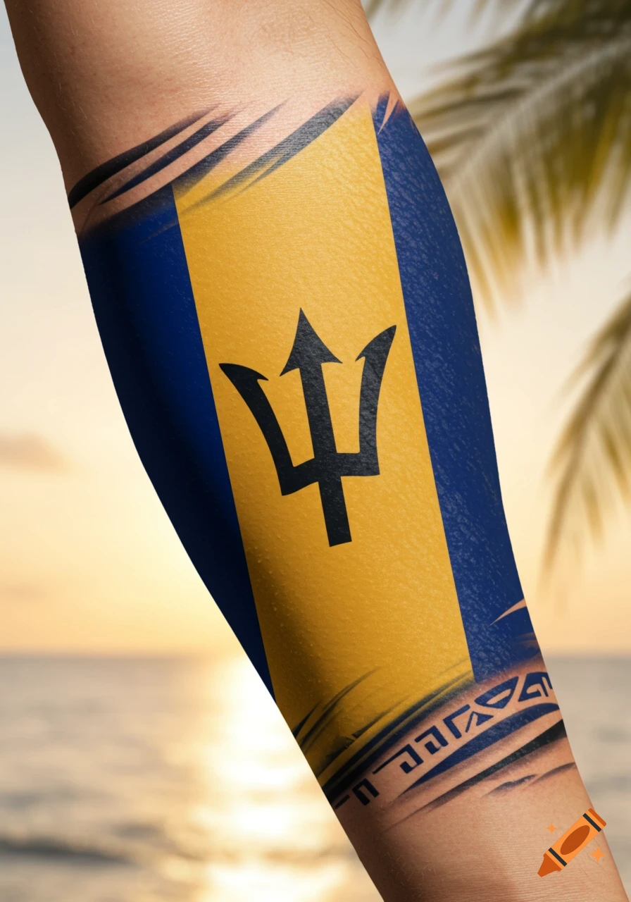 Close-up of a forearm with a vibrant Barbados flag tattoo, showing the black trident against yellow and blue, set against a blurred sunset beach.