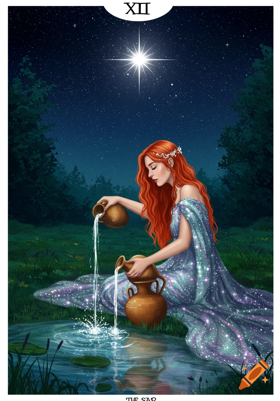 A red-haired woman in a glittering blue dress sits by a pond at night, pouring water from two jugs under a bright star.