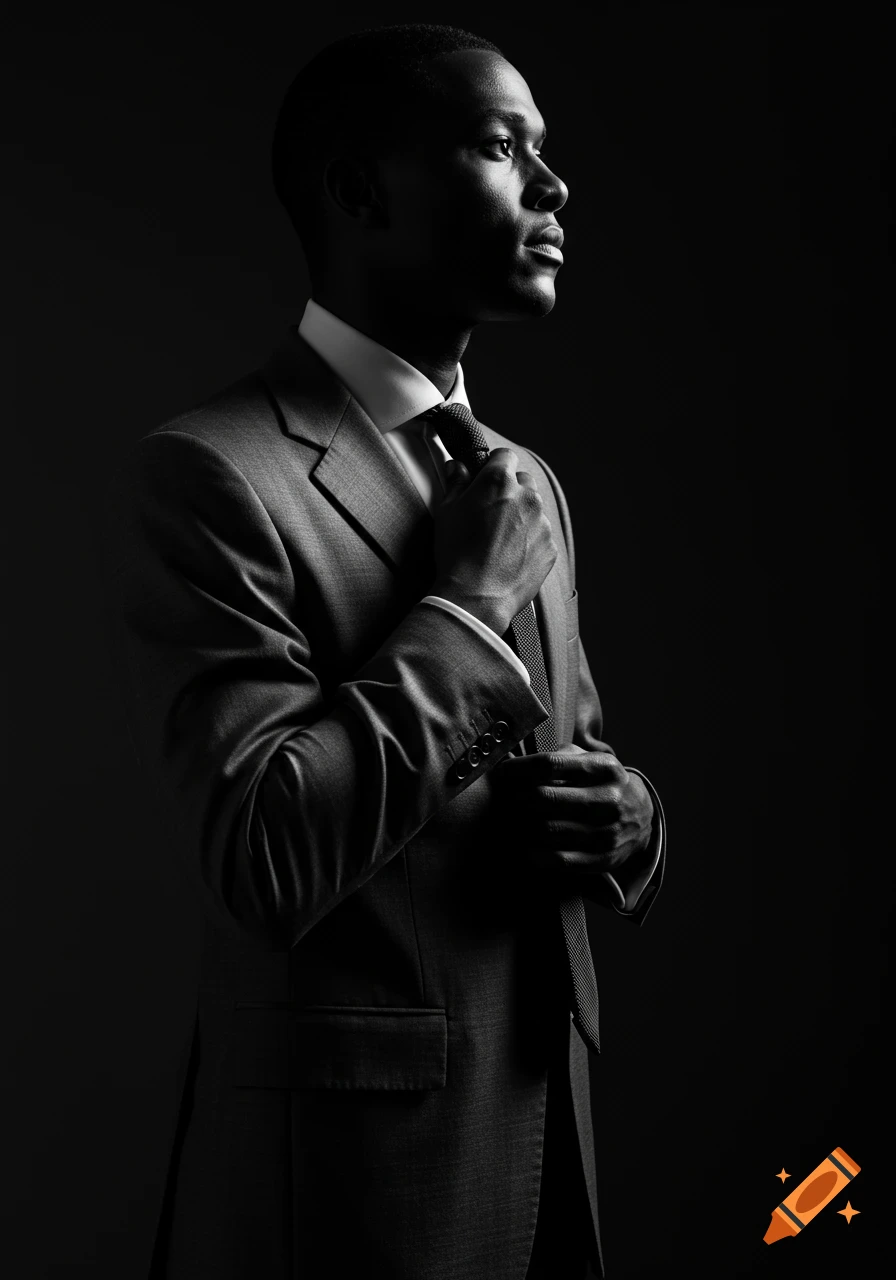 Cinematic black and white portrait of a man in a tailored suit adjusting his tie with strong side lighting.