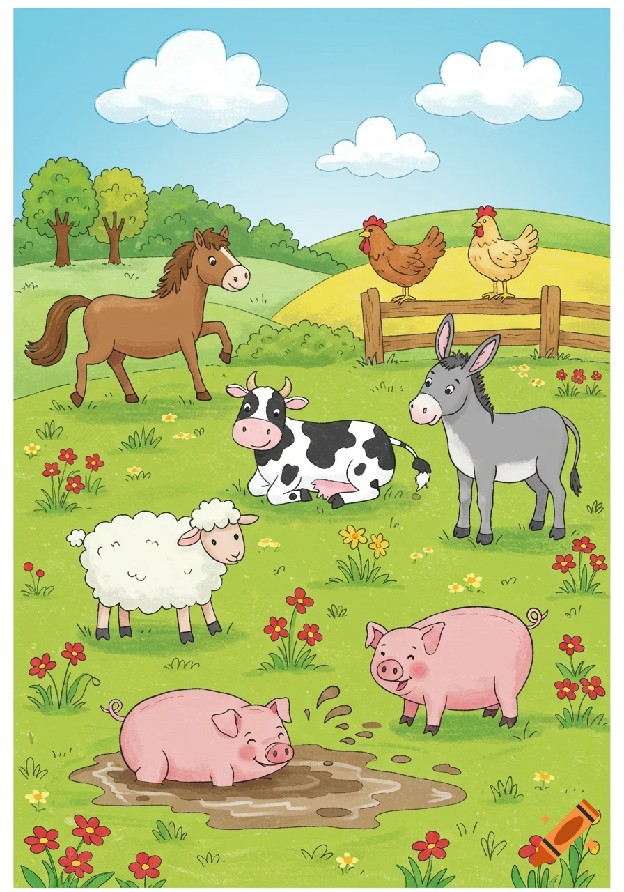 A colorful cartoon farm scene with a horse, cow, sheep, two pigs, a donkey, and two chickens in a green field with flowers under a blue sky.
