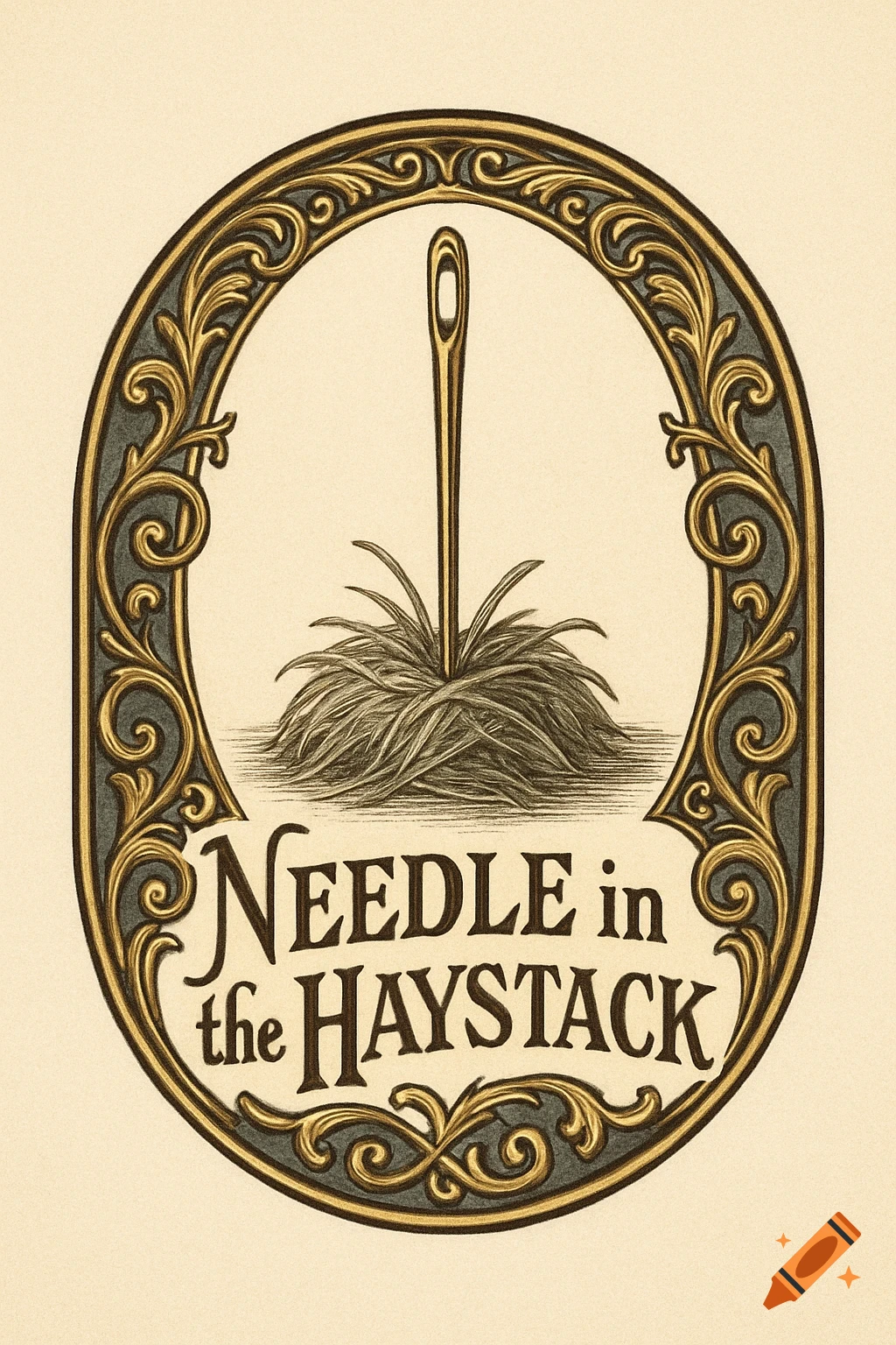 An antique-style oval logo depicting a needle standing upright in a pile of hay, with the text 'NEEDLE in the HAYSTACK' below, all framed by ornate gold and dark scrollwork.