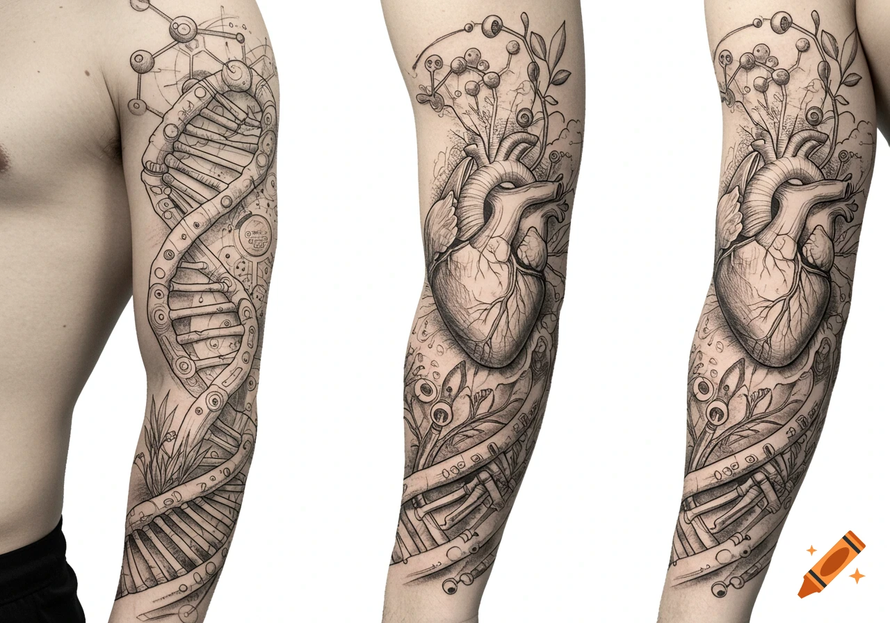 A black and white tattoo sleeve featuring a DNA helix, an anatomical heart, and molecular structures in a sketch art style on a person's arm.