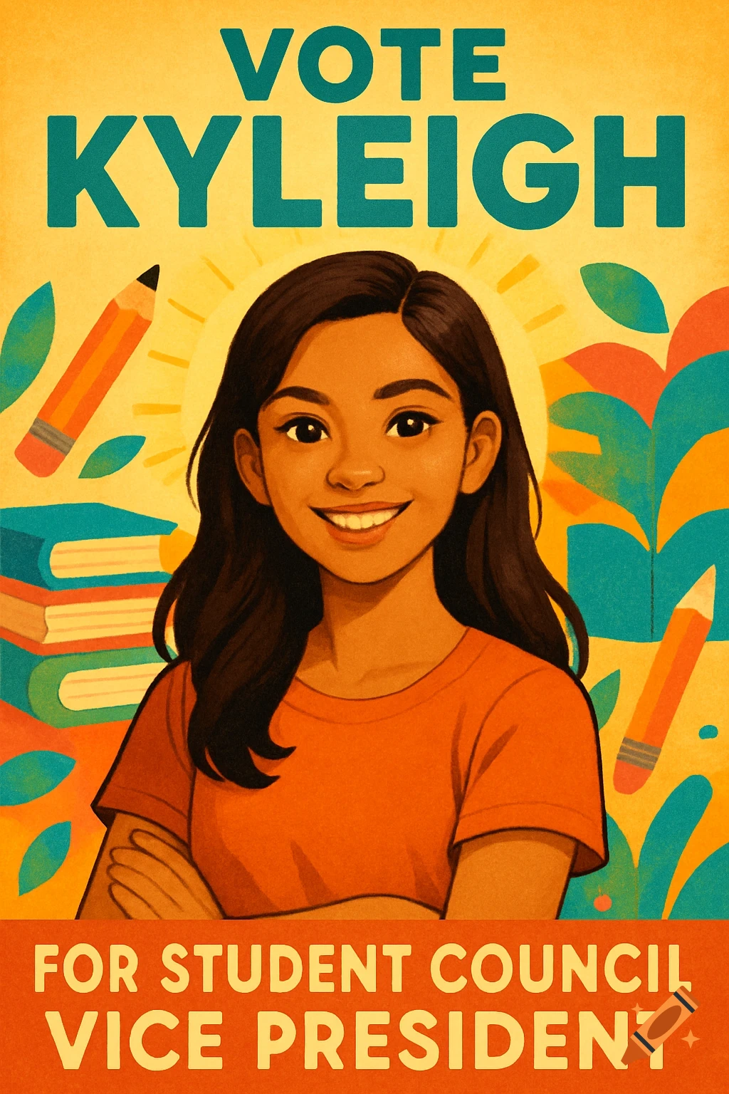 A cartoon style election poster of a smiling young girl with dark hair and tan skin, surrounded by books and pencils. The text reads 'VOTE KYLEIGH FOR STUDENT COUNCIL VICE PRESIDENT'.