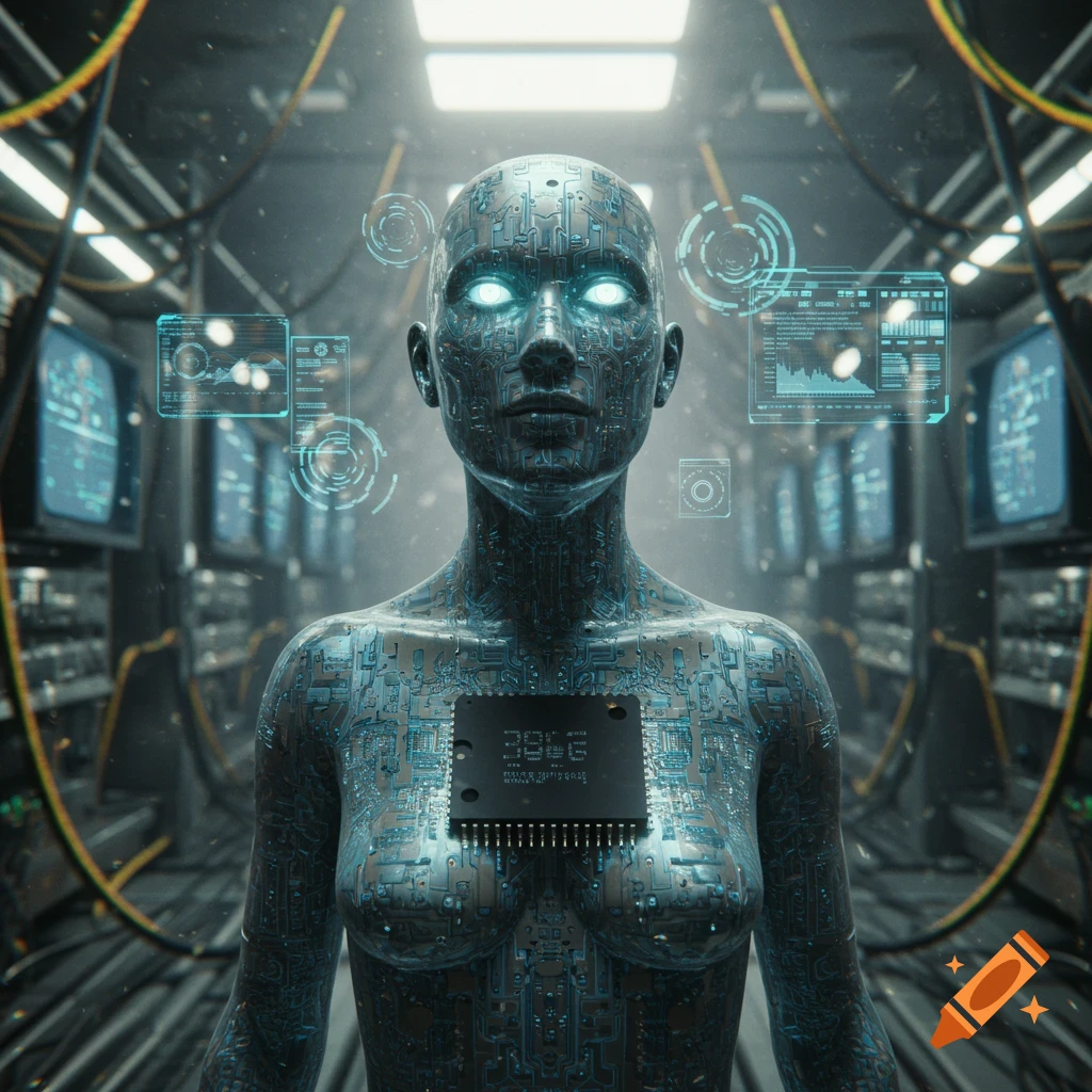 A humanoid figure with circuit board skin and glowing eyes, a large computer chip embedded in its chest, stands in a server room with holographic interfaces.