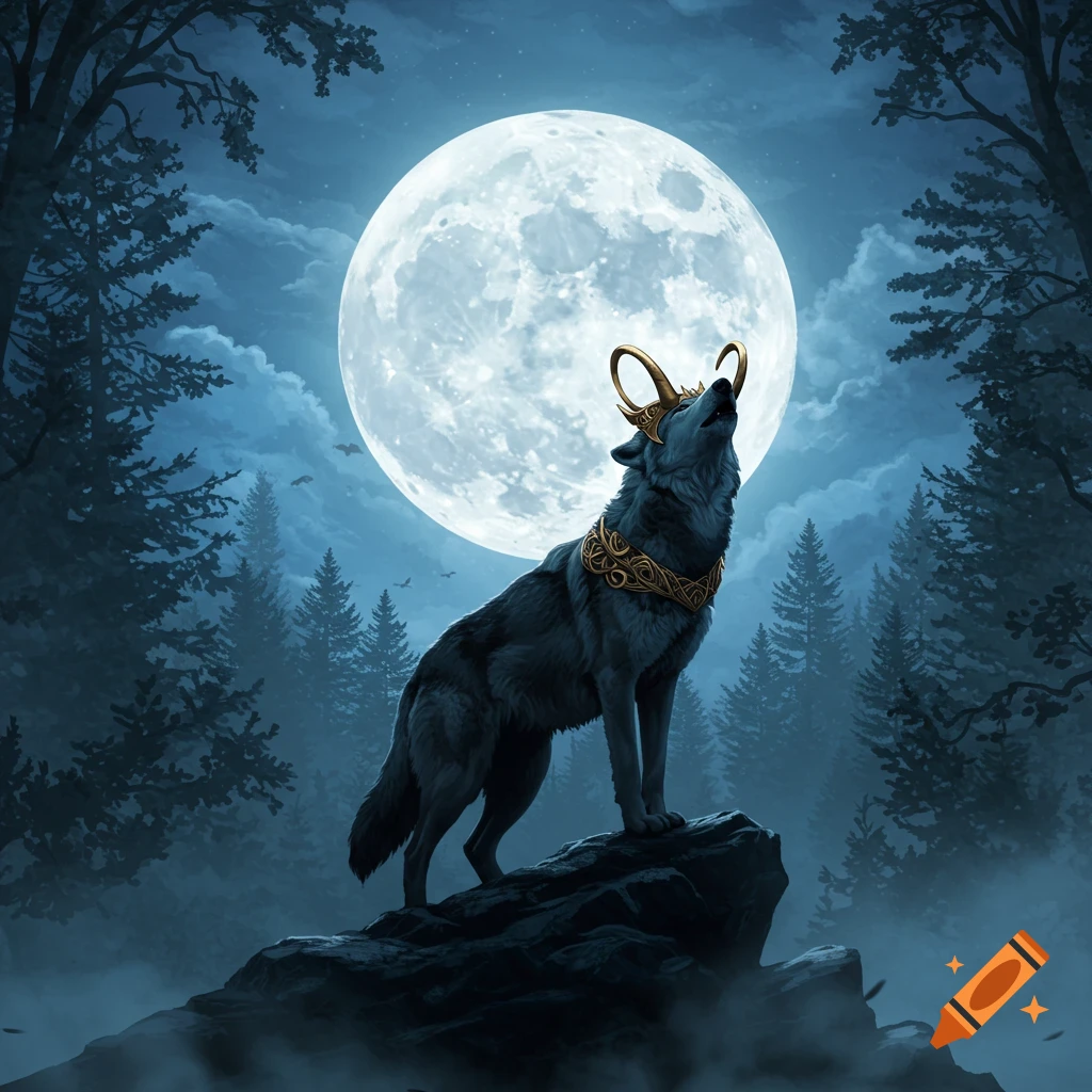 A wolf wearing a golden Loki crown howls at a large full moon while standing on a rock in a dark, misty forest.