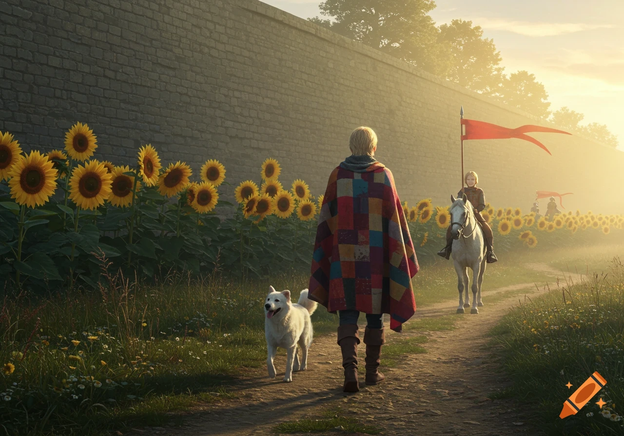 A man in a colorful cloak walks with a white dog on a dirt path. A child on a white horse with a red banner rides ahead at sunrise, with a brick wall and sunflower field.