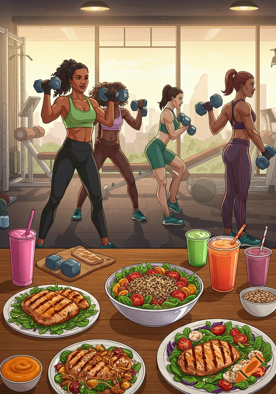 Cartoon women weight training in a gym with a spread of healthy food like grilled chicken, salads, and smoothies.