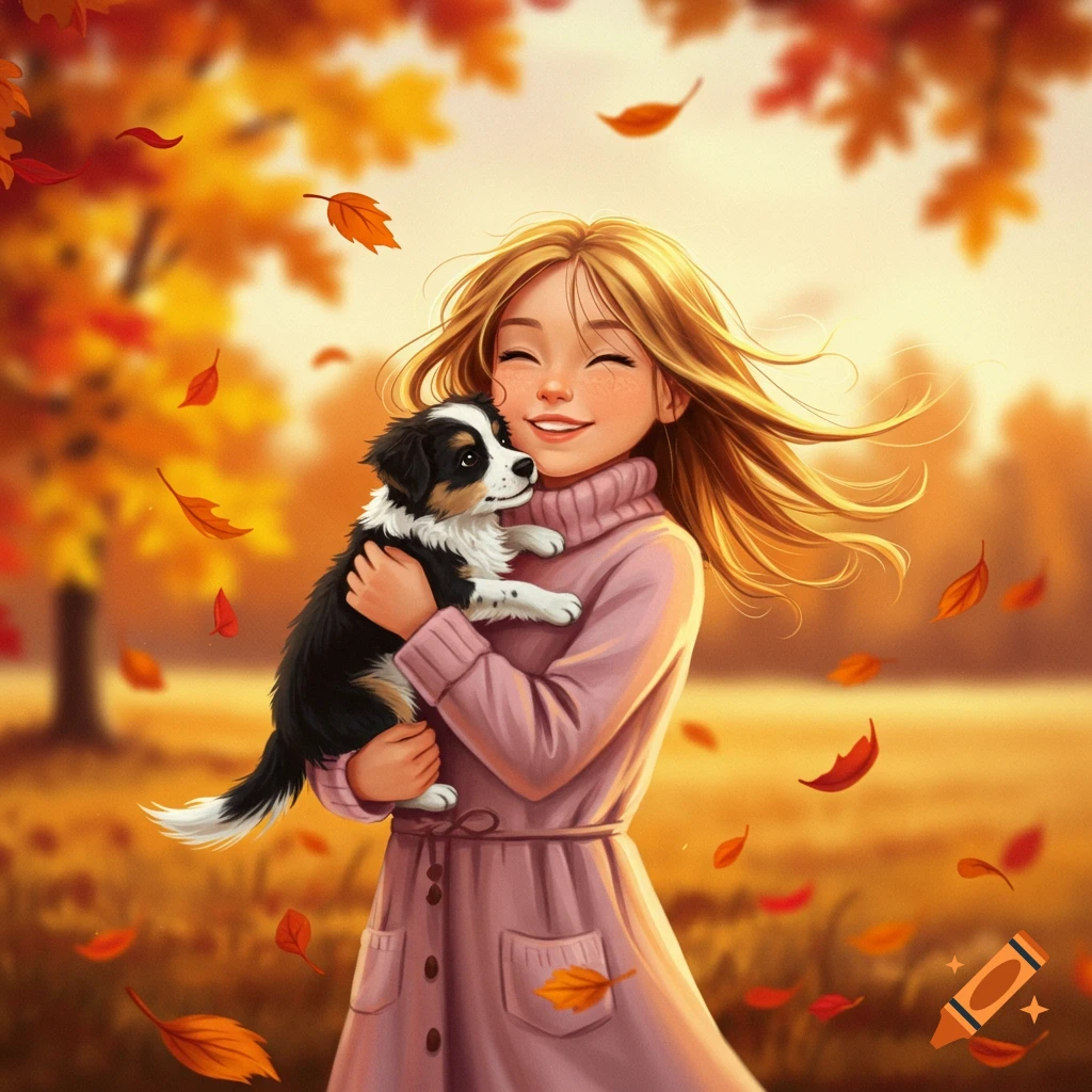 A happy cartoon girl in a pink sweater holds a black and white puppy amidst falling autumn leaves and warm light.