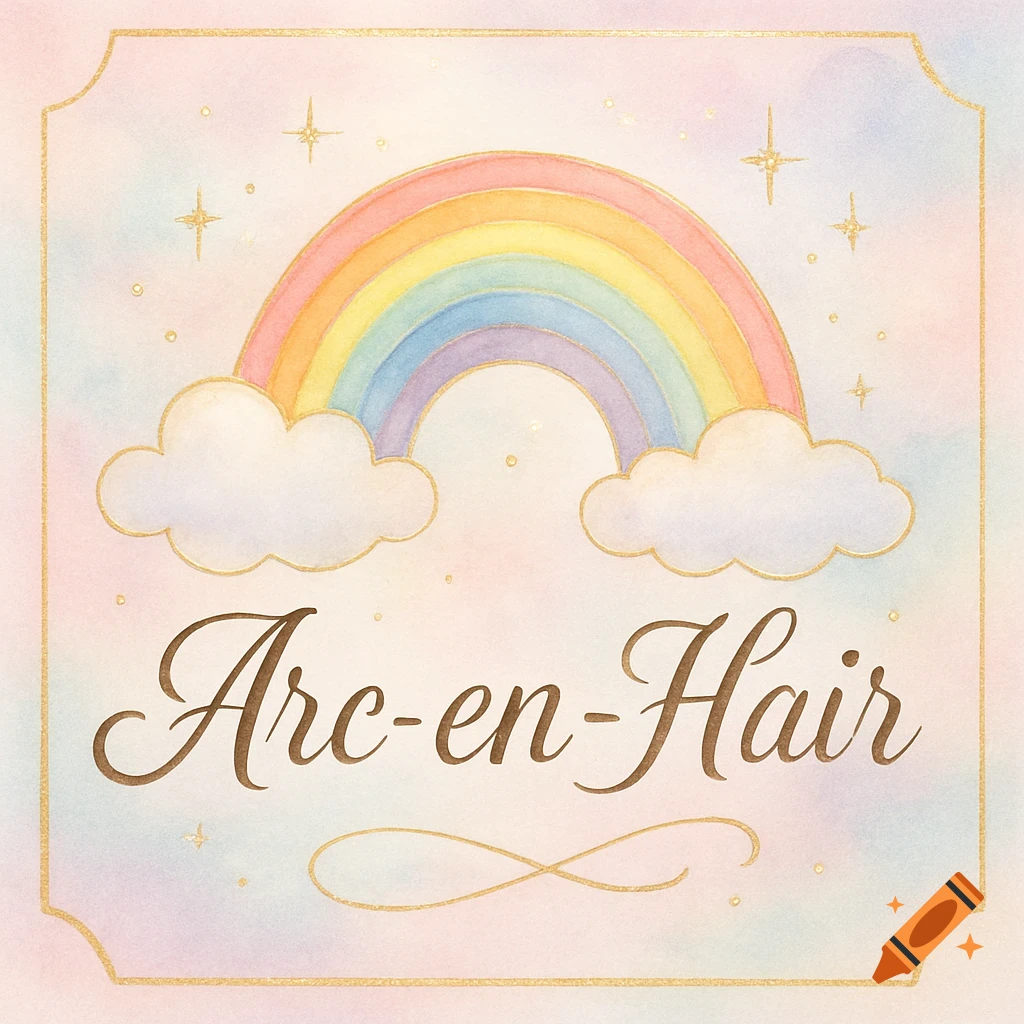 Watercolor illustration of a pastel rainbow and clouds with golden accents and elegant "Arc-en-Hair" text.