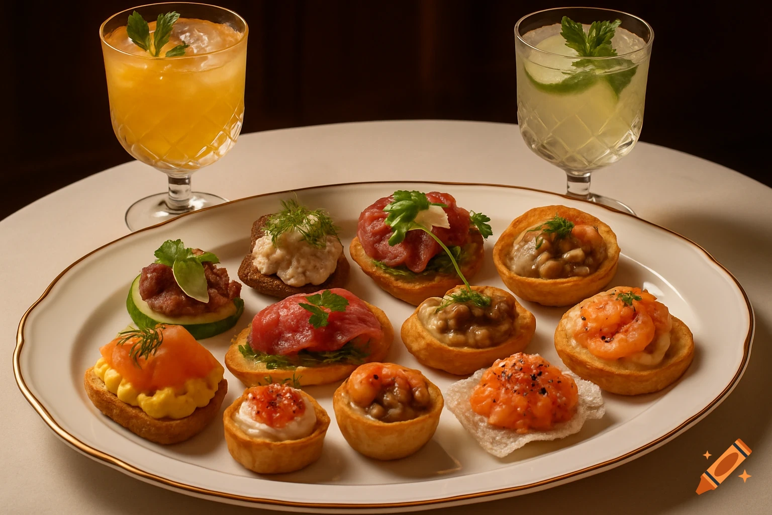 A white platter of various appetizers including canap es, tartlets, and toasts, with two mocktails in the background.