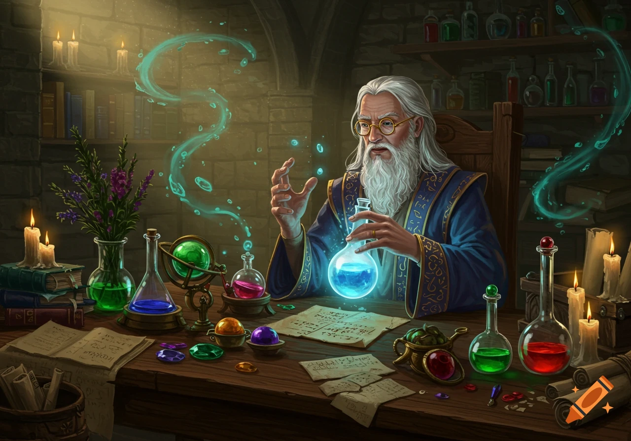An old alchemist with a white beard holds a glowing blue flask in a dimly lit stone laboratory filled with colorful potions, books, and magical swirls.