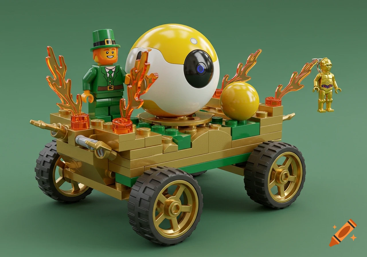 A gold and green Lego chariot featuring a Leprechaun minifigure, a large yellow and white Sphero robot, and a C3PO keychain.