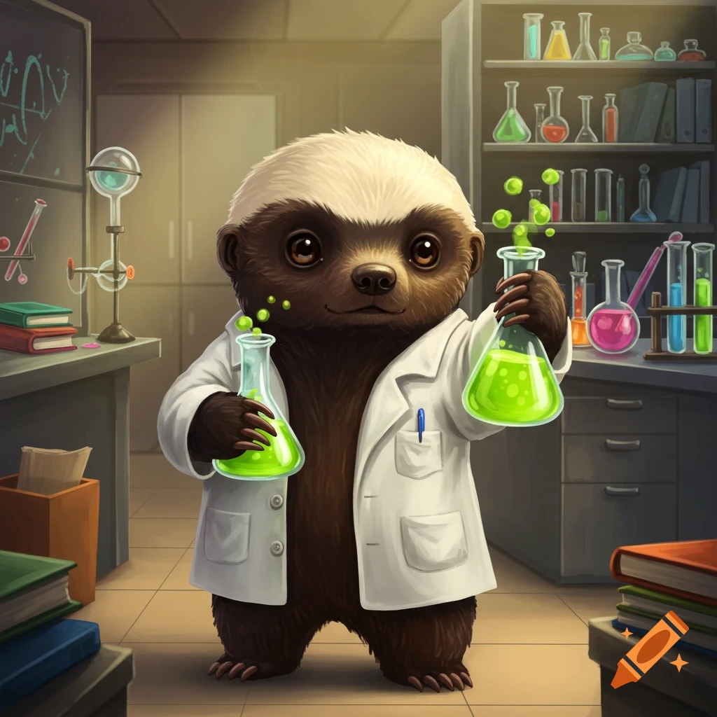 A cute honey badger wearing a lab coat and holding two glowing green beakers in a science lab, cartoon illustration.