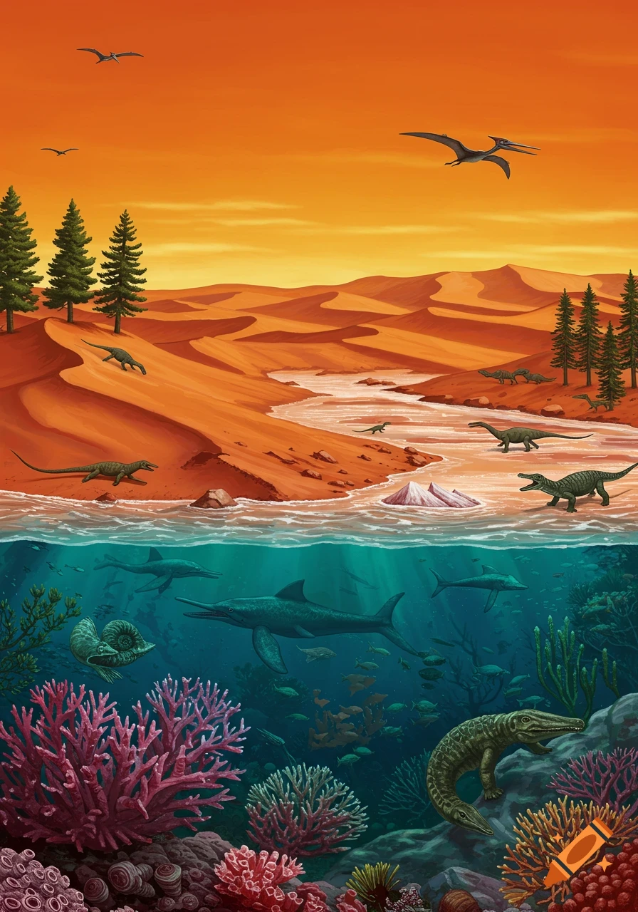 Prehistoric split landscape: red desert with dinosaurs and pterosaurs, below a blue ocean with marine reptiles and coral reefs.